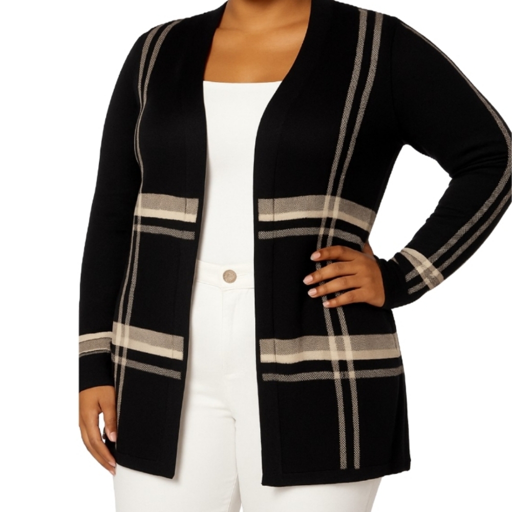Charter Club XXL Plaid Cardigan Tan White Black Lightweight 100% Rayon Casual